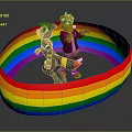 Two Black Game And Movie Characters With Red Hats Purple Coats In Rainbow Circular Ring