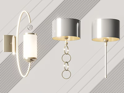 Modern Wall Sconces Featuring Curved Arm Chain Details And Cylindrical Shades 3d model