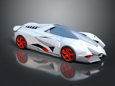 Futuristic White Sports Car With Red Wheels And Angular Sleek Design 3d model