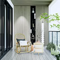 Cozy Home Balcony with Wooden Design Wicker Chair Small Round Table and Green Plants