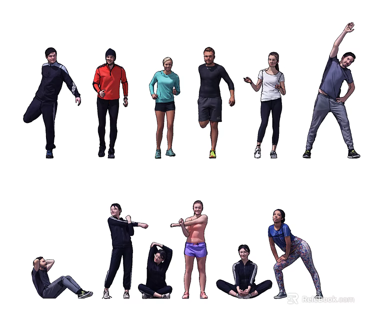 Group of People Doing Different Exercise Poses in Active Fitness Workout 3d model 