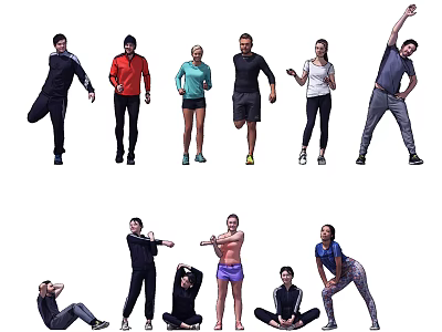 Group of People Doing Different Exercise Poses in Active Fitness Workout 3d model