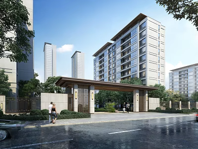 Modern Residential Community Entrance With High Rise Buildings Greenery And Pedestrians 3d model