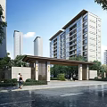 Modern Residential Community Entrance With High Rise Buildings Greenery And Pedestrians