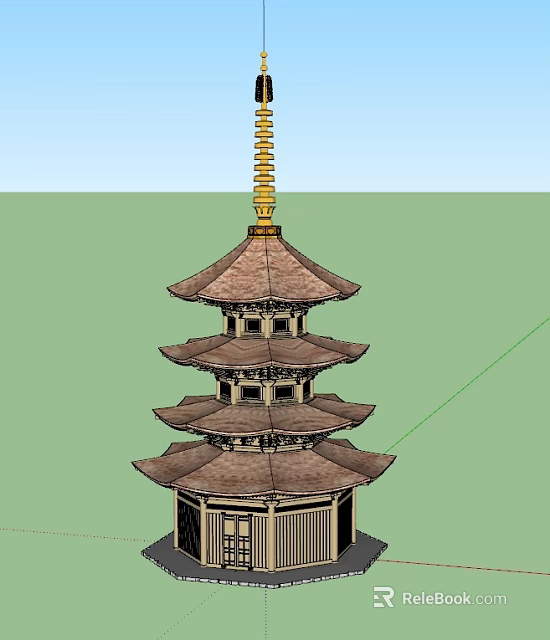 Traditional Multi Tiered Pagoda With Overhanging Eaves Brown Roof And Golden Spire 3d model 