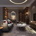 Hotel Guest Room With Comfortable Sofa Red Cushions Mountain View TV And Bookshelf
