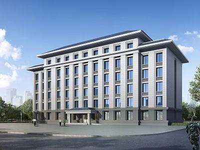Modern Office Building Exterior With Multiple Glass Windows Flat Roof Front Entrance And Landscaping 3d model
