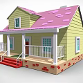 Cartoon House Scene Featuring Yellow Exterior Pink Roof Red Stairs White Porch Railings And Windows