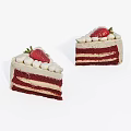 Two Slices of Red Velvet Cake with Layers of Cream and Fresh Strawberry Topping