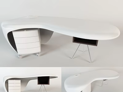 Modern White Curved Office Desk With Drawers And Metal Leg Shelf 3d model