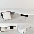 Modern White Curved Office Desk With Drawers And Metal Leg Shelf