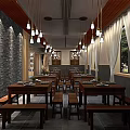 Chinese Style Restaurant Interior With Wooden Structure Chandeliers And Dining Tables
