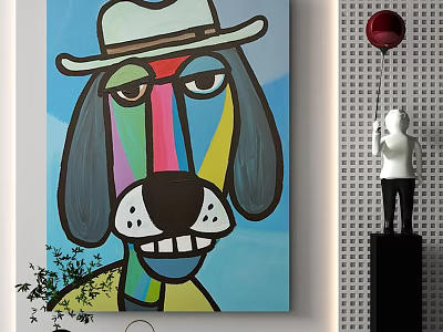 Colorful Dog Painting With Hat And White Statue Holding Red Balloon On Black Pedestal 3d model