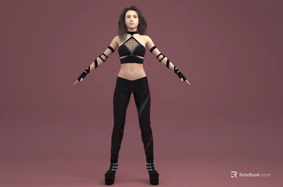 Woman In Black Crop Top And Tight Pants With Arm Bands On Pink Background 3d model 