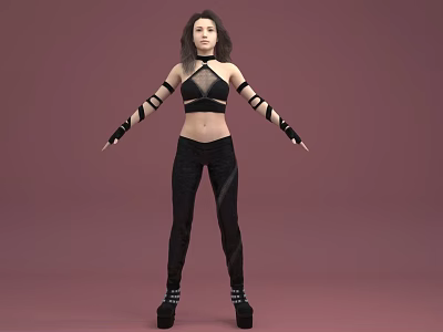 Woman In Black Crop Top And Tight Pants With Arm Bands On Pink Background 3d model