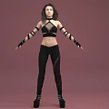 Woman In Black Crop Top And Tight Pants With Arm Bands On Pink Background