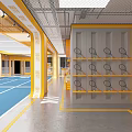 Indoor Basketball Court With Blue Floor White Lines Green Balls Yellow Walls And Mesh Ceiling