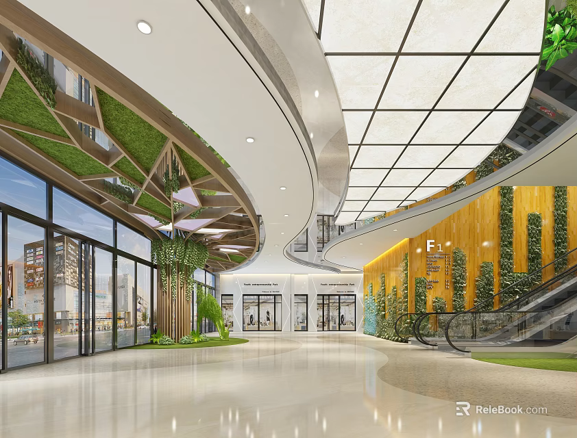 Modern Shopping Mall Lobby With Curved Ceiling Glass Skylights And Green Plant Walls 3d model 