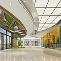 Modern Shopping Mall Lobby With Curved Ceiling Glass Skylights And Green Plant Walls