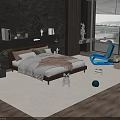 Modern Double Bed with Dark Stone Wall Blue Chair and Scenic Window in Minimalist Bedroom