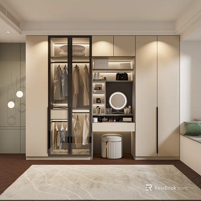 Modern Wardrobe Design With Glass Doors Hanging Clothes Vanity Mirror And Storage 3d model 