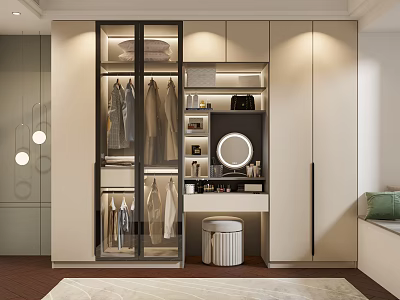 Modern Wardrobe Design With Glass Doors Hanging Clothes Vanity Mirror And Storage 3d model