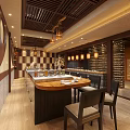 Traditional Chinese Restaurant Interior With Wooden Slat Ceiling Wine Rack Wall And Stone Elements