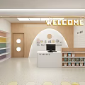 Bright Kindergarten Reception Area With Welcome Sign Colorful Bookshelves Wooden Decor And Green Plant