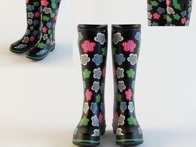 Black Rain Boots With Colorful Clover Patterns Pink Green Blue White Designs And Green Soles 3d model