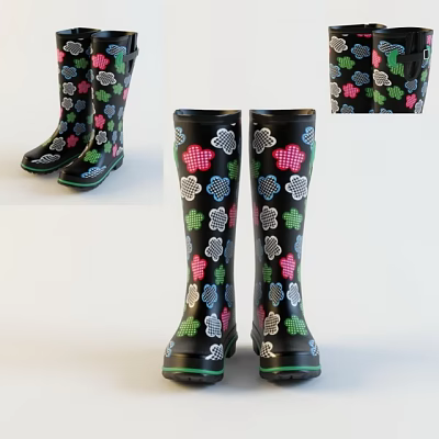 Black Rain Boots With Colorful Clover Patterns Pink Green Blue White Designs And Green Soles 3d model