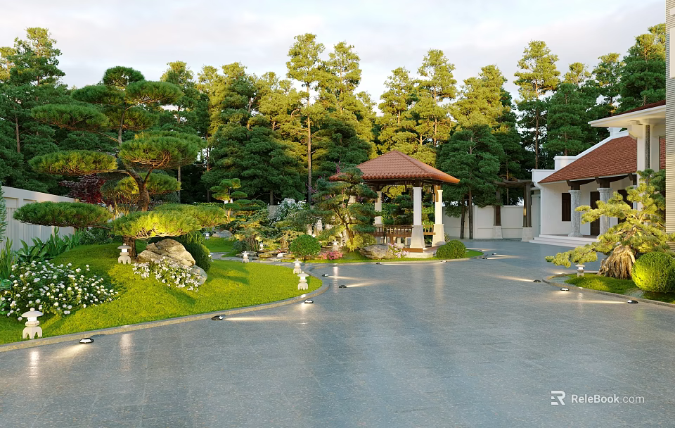 Traditional Garden Landscape Design With Pavilion Lush Green Plants Lawn And Stone Pathway 3d model 