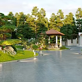 Traditional Garden Landscape Design With Pavilion Lush Green Plants Lawn And Stone Pathway