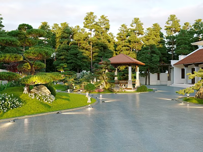 Traditional Garden Landscape Design With Pavilion Lush Green Plants Lawn And Stone Pathway 3d model