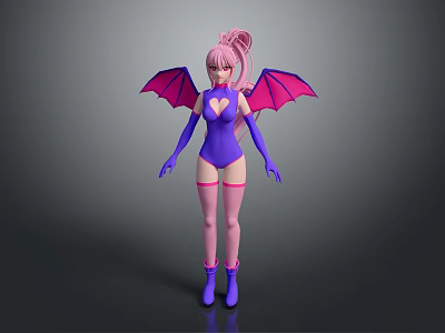 Cute Game Movie Character With Pink Hair Purple Bat Wings Heart Cutout And Purple Bodysuit 3d model