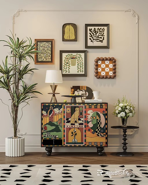 Painted Artistic Entryway Cabinet And Sideboard With Green Plant And Wall Decor 3d model 
