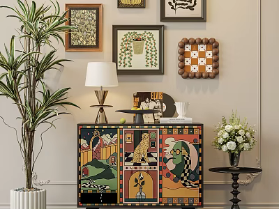 Painted Artistic Entryway Cabinet And Sideboard With Green Plant And Wall Decor 3d model