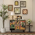 Painted Artistic Entryway Cabinet And Sideboard With Green Plant And Wall Decor