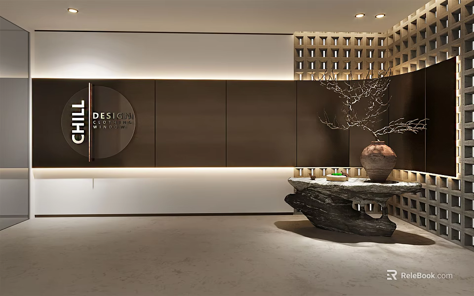 Modern Design Studio Reception Desk Featuring Dark Walls Lattice Decor Stone Countertop And Decorative Elements 3d model 