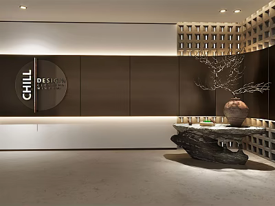 Modern Design Studio Reception Desk Featuring Dark Walls Lattice Decor Stone Countertop And Decorative Elements 3d model