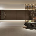 Modern Design Studio Reception Desk Featuring Dark Walls Lattice Decor Stone Countertop And Decorative Elements