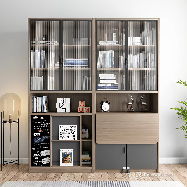 Modern Bookcase with Glass Doors Multiple Compartments Books Decorations Drawers Green Plant and Table Lamp 3d model 