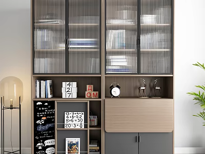 Modern Bookcase with Glass Doors Multiple Compartments Books Decorations Drawers Green Plant and Table Lamp 3d model