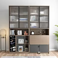 Modern Bookcase with Glass Doors Multiple Compartments Books Decorations Drawers Green Plant and Table Lamp
