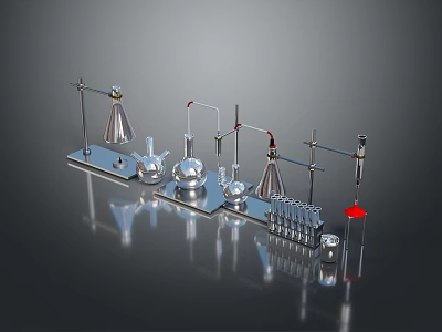 Laboratory Glassware and Stands Arrangement With Beakers Flasks and Test Tubes 3d model