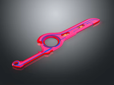 Pink Weapon with Circular Ring Design Long Shiny Handle and Blue Accent Edges 3d model