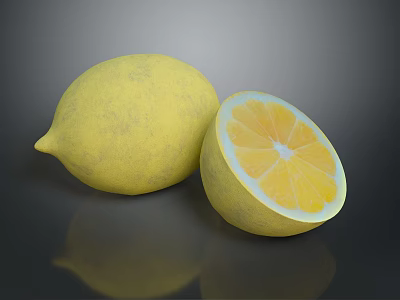 Fresh Yellow Lemons Whole and Half Sliced on Dark Reflective Surface 3d model