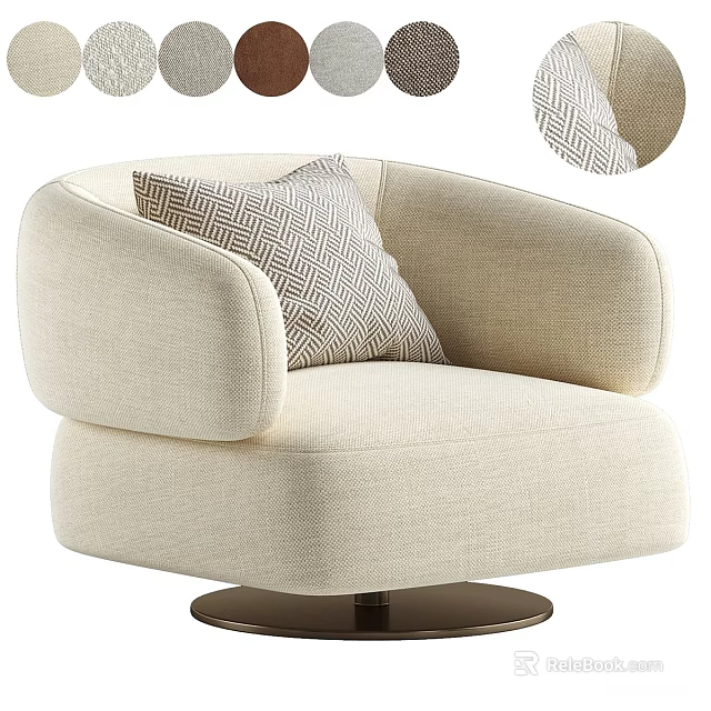 Beige Fabric Single Sofa With Curved Armrests And Patterned Pillow On Round Base 3d model 