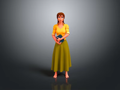 3D Female Character In Yellow Top And Green Long Skirt Holding Book Against Gray Background 3d model