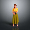 3D Female Character In Yellow Top And Green Long Skirt Holding Book Against Gray Background