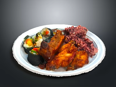 Delicious Assorted Food Platter with Sushi Rolls Grilled Meat and Purple Rice 3d model